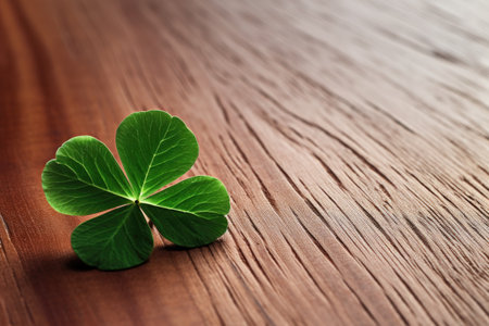 close-up of a four-leaf clover on a wooden tableの素材