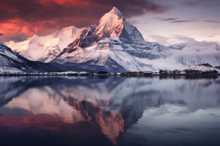 a snow-covered mountain range towering above a fjord at dawnの素材