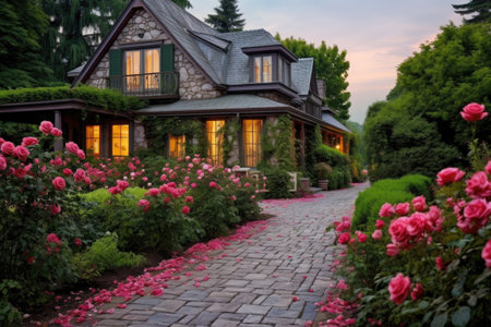 french country house featuring a cobblestone path and a blooming rose gardenの素材
