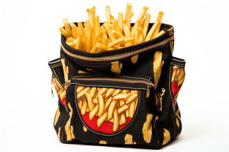 a satchel bag with a portion of fries sticking out from a side pocketの素材