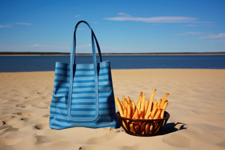 a blue tote bag on a sandy beach, with fries protruding from itの素材