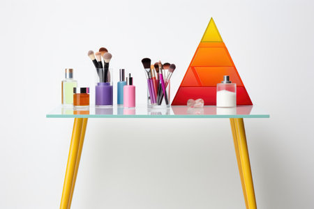 a minimalist makeup table with a white background and colorful cosmeticsの素材