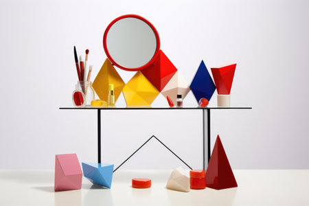 a minimalist makeup table with a white background and colorful cosmeticsの素材