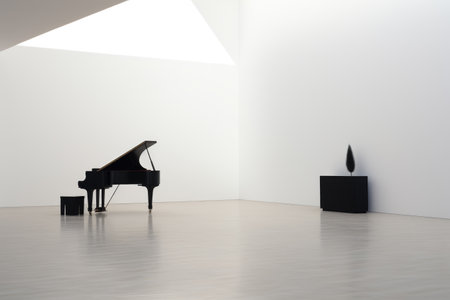 a sleek, black piano standing alone in a minimalist, white roomの素材