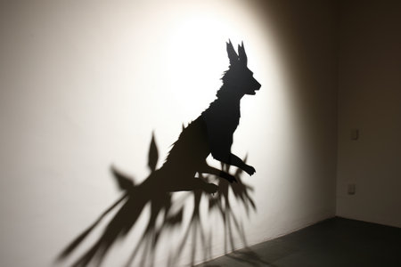 a rabbit shadow puppet on a white wall with a single light sourceの素材