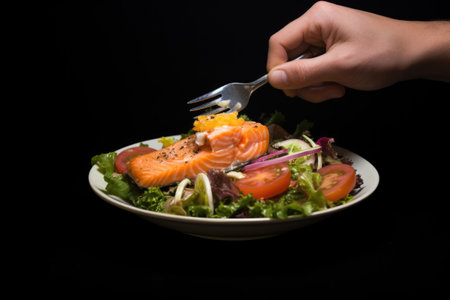 hand holding a fork with a piece of smoked salmon above a saladの素材