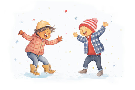 two kids having fun, competing to catch more snowflakesの素材
