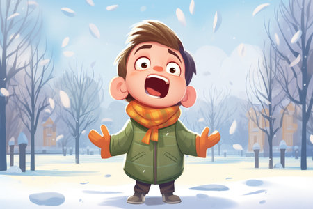 cartoon child with tongue out catching snowflakes in a parkの素材