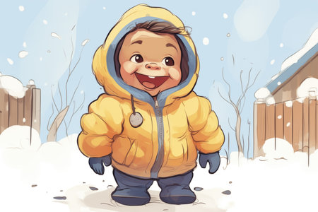 happy toddler in a snowsuit with tongue out in the yardの素材