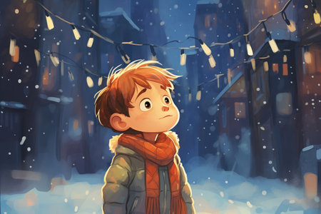 child with holiday lights in background, mesmerized by the snowの素材