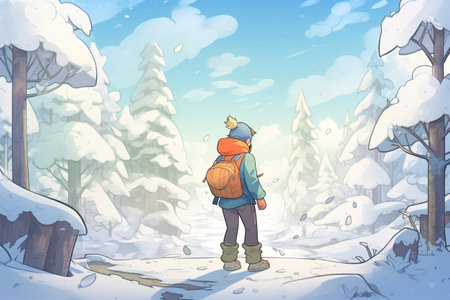 hiker with backpack admiring snow-laden forestの素材