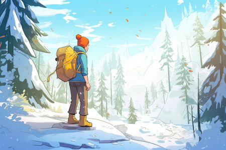 hiker with backpack admiring snow-laden forestの素材