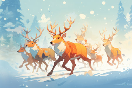 buck leading group of does through light snowfallの素材