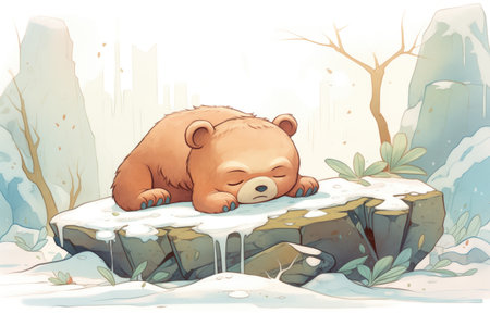 bear with sleepy eyes, dozing off in the safety of a snowy hollowの素材