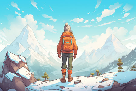 lone hiker against backdrop of snowy mountainsの素材