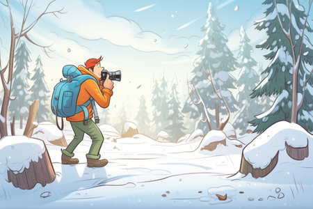 a hiker photographing a snow-covered forest with a digital cameraの素材