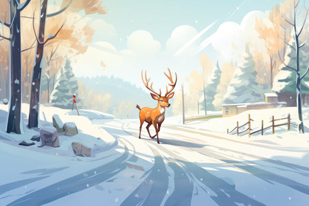 single deer crossing a snow-blanketed rural routeの素材