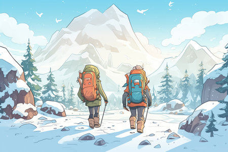 winter hikers with backpacks in snowy mountainsの素材