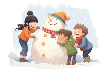 kids laughing while building oversized snowmanの素材