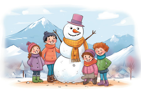 kids posing with finished snowman, snowy hills behindの素材