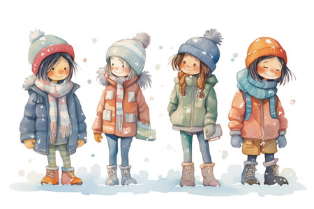 kids bundled up in winter clothing for a snowy outingの素材