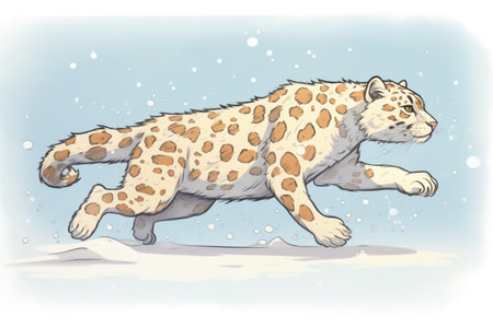 profile view of snow leopard sprinting across snowの素材