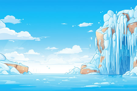 a frozen waterfall with icicles under a clear blue skyの素材