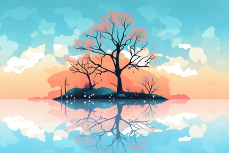 silhouette of a tree reflecting on an icy pond surfaceの素材