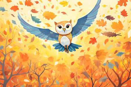 barn owl soaring over autumn leaves fallingの素材