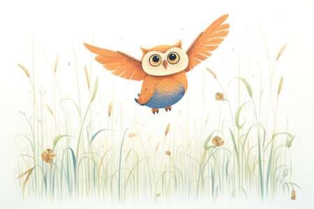 an owl hovering above tall, waving grass stalksの素材