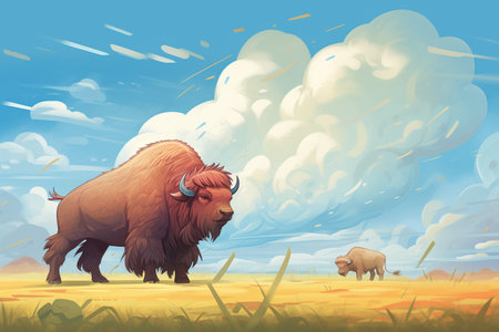 bison in the foreground with distant prairie thunderstormの素材