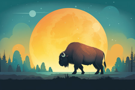 bison silhouette against the backdrop of a luminous full moonの素材