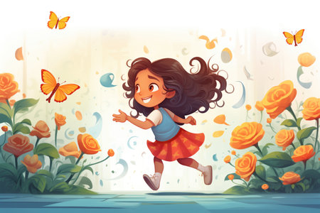 adorable girl chasing a butterfly across a flower bedの素材