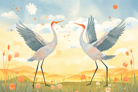 cranes dancing in a meadow at sunsetの素材