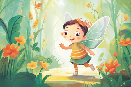 child wearing a fairy costume and fluttering around the gardenの素材