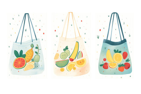 reusable grocery bags filled with fresh fruitsの素材