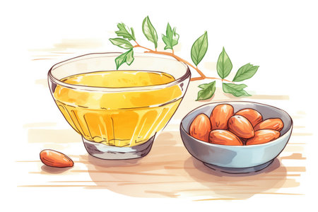 bowl of almonds next to a glass of fresh-squeezed orange juiceの素材