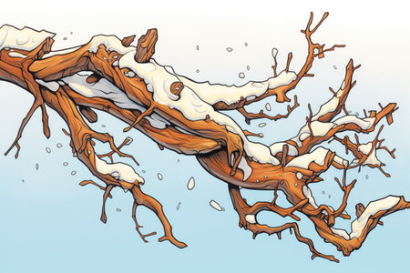 brown leaf with icy edges on a barren tree branchの素材