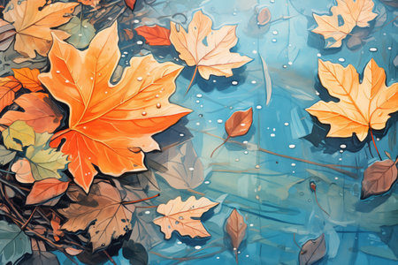 glistening frosted leaves by a puddleの素材