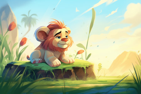 alpha lion enjoying a peaceful moment, basked in setting sunの素材