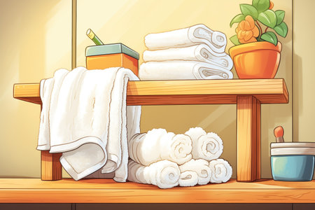 fluffy white towels stacked on a polished wooden shelfの素材