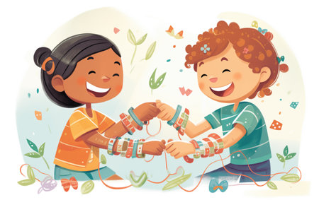 kids laughing and making bracelets togetherの素材