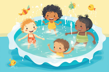 children in a paddling pool splashing waterの素材