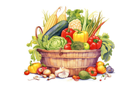 a basket overflowing with varieties of freshly picked, colorful vegetablesの素材