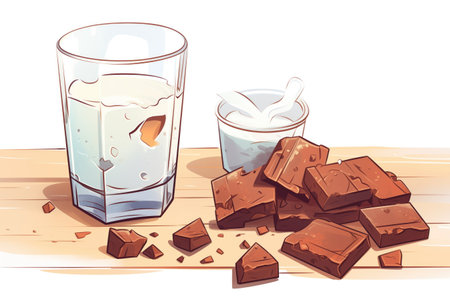 a tempting close-up of unsweetened, dark chocolate pieces near a glass of milkの素材