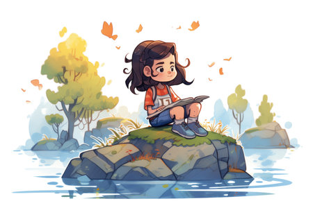 girl sitting on a rock sketching natureの素材