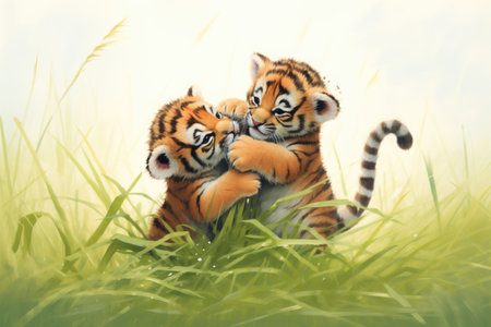 art of sumatran tiger cubs wrestling in a meadowの素材