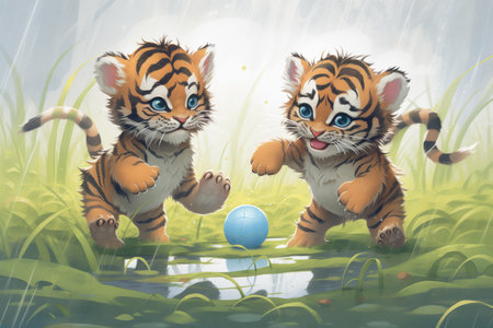 two sumatran tiger cubs playing with a ballの素材