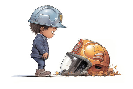 child inspecting a firefighters helmet with curiosityの素材
