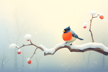 red-breasted robin sitting on a frost-covered branchの素材